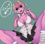  1girl ashido_mina black_sclera boku_no_hero_academia breasts cleavage double_v horns large_breasts looking_at_viewer nac000 open_mouth pink_hair pink_skin pleated_skirt shirt short_hair simple_background skirt smile socks solo unbuttoned unbuttoned_shirt v white_shirt yellow_eyes 