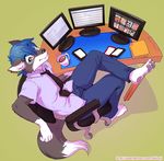  anthro canine chair clothed clothing computer ear_piercing feet fur hair high-angle_view looking_at_viewer male mammal necktie piercing sitting solo tokifuji 