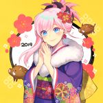  1girl 2019 asymmetrical_hair blue_eyes blush boar commentary_request fate/grand_order fate_(series) floral_print flower hair_flower hair_ornament hair_up hands_together japanese_clothes kari_(hotaru_kago) kimono leaf_earrings looking_at_viewer miyamoto_musashi_(fate/grand_order) new_year orange_background pink_hair print_kimono purple_kimono smile solo 