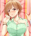  :o aiba_yumi bangle bangs blush bracelet breasts brown_eyes brown_hair cleavage collared_shirt dress_shirt eyebrows_visible_through_hair from_above green_shirt hand_on_own_chest hands_up head_tilt idolmaster idolmaster_cinderella_girls jewelry large_breasts long_sleeves looking_at_viewer lying necklace oga_raito on_back open_mouth out_of_frame pov pov_hands shirt short_hair short_sleeves solo_focus star star_necklace striped sweat upper_body wing_collar 