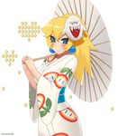  alternate_costume artist_name bangs blonde_hair blue_eyes blush boo breasts closed_mouth coin cowboy_shot earrings fire_flower floral_print ghost_mask heart holding holding_umbrella japanese_clothes jewelry kimono kuroonehalf large_breasts lips long_hair long_sleeves mario_(series) mask mask_on_head obi oriental_umbrella over_shoulder ponytail princess_peach print_kimono sash shiny shiny_hair simple_background smile solo standing super_mario_bros. super_mario_odyssey tsurime umbrella white_background white_kimono wide_sleeves 