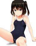  30-06 breasts brown_eyes brown_hair competition_school_swimsuit highres kantai_collection one-piece_swimsuit school_swimsuit sendai_(kantai_collection) short_hair sitting small_breasts smile solo swimsuit two_side_up white_background 
