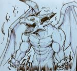  abs anthro biceps blue_dragon_(character) blue_dragon_(series) claws dragon fangs horn kelvin_kombinat male monochrome muscular muscular_male pecs scalie sharp_teeth teeth video_games wings ケルビン@リアルは地獄 