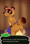  animal_crossing anthro apron balls barefoot big_balls big_penis blue_eyes butt clothed clothing dialogue english_text erection fur half-closed_eyes hi_res humanoid_penis looking_back lucidkitty male mammal nintendo penis presenting presenting_hindquarters procyonid raccoon round_ears senpaikitten solo standing text thick_penis tom_nook_(animal_crossing) uncut video_games 