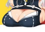  bare_shoulders breasts cleavage cleavage_cutout close-up commentary head_out_of_frame kaguya_luna kaguya_luna_(character) kion-kun large_breasts shiny shiny_skin silver_hair simple_background sleeveless solo upper_body wavy_hair yellow_background 