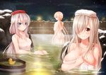  9a-91_(girls_frontline) ass blue_eyes braid breasts bucket g36c_(girls_frontline) girls_frontline hair_over_one_eye large_breasts long_hair looking_at_viewer looking_back low_ponytail macchiato_(jae-min_cho) medium_breasts multiple_girls naked_towel night onsen orange_hair ots-14_(girls_frontline) partially_submerged red_eyes ripples rock rubber_duck side_braid silver_hair sitting smile snow snowing towel towel_on_head very_long_hair water white_hair 
