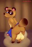  animal_crossing anthro apron balls barefoot big_balls big_penis blue_eyes butt clothed clothing erection fur half-closed_eyes hi_res humanoid_penis looking_back lucidkitty male mammal nintendo penis presenting presenting_hindquarters procyonid raccoon round_ears senpaikitten solo standing thick_penis tom_nook_(animal_crossing) uncut video_games 