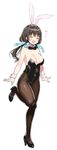  animal_ears black_hair black_legwear black_leotard bow bowtie breasts bunny_ears bunnysuit character_request commentary_request copyright_request detached_collar full_body hanae_haruka highres leotard long_hair looking_at_viewer low_twintails medium_breasts pantyhose simple_background solo standing standing_on_one_leg strapless strapless_leotard twintails white_background wrist_cuffs 