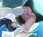  :o aqua_eyes ass bent_over black_hair day from_below green_skirt highres japanese_clothes leaf long_hair looking_at_viewer looking_through_legs no_panties onmyoji open_mouth outdoors plant ponytail pussy single_thighhigh skirt sky solo sr_(soulo_o) thighhighs uncensored upside-down vines white_legwear ying_grass 