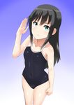  30-06 :&lt; asashio_(kantai_collection) black_hair blue_background blue_eyes breasts competition_school_swimsuit highres kantai_collection long_hair one-piece_swimsuit salute school_swimsuit small_breasts solo standing swimsuit 