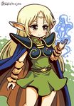  belt blonde_hair blue_cape blush bracer brown_cape cape chibi circlet closed_mouth commentary_request cowboy_shot deedlit dot_nose dress elf green_dress green_eyes hand_up long_hair magic multicolored multicolored_cape multicolored_clothes pointy_ears record_of_lodoss_war shake-o shoulder_armor smile solo spaulders standing twitter_username 