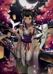  bangs bird black_hair black_lips branch breasts cherry_blossoms cleavage crescent_moon dove flower fukafusa hair_flower hair_ornament hair_ribbon highres japanese_clothes kachou_fuugetsu_(onmyoji) kimono long_hair medium_breasts moon night obi onmyoji pelvic_curtain petals red_eyes ribbon sash scroll short_eyebrows sidelocks smile solo thighhighs through_screen very_long_hair white_flower white_legwear wide_sleeves 