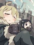  ahoge artist_name black_eyes black_hair blonde_hair blush building chito_(shoujo_shuumatsu_ryokou) closed_eyes cloud cup day drinking eyebrows_visible_through_hair fur_trim highres military military_uniform mug multiple_girls power_lines ruins shoujo_shuumatsu_ryokou steam tei-o uniform yuuri_(shoujo_shuumatsu_ryokou) 