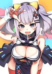  :d absurdres arm_up armpits bangs bare_arms bare_shoulders blue_eyes blunt_bangs blush breasts center_opening cleavage commentary_request dress hair_ornament hairclip half-closed_eyes highres kaguya_luna kaguya_luna_(character) kobo_(cobo_0609) large_breasts looking_at_viewer obi open_mouth sash silver_hair skirt sleeveless sleeveless_dress smile solo thighhighs twintails virtual_youtuber 