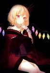  absurdres alternate_costume bangs bare_legs bare_shoulders blonde_hair collarbone dark flandre_scarlet hair_ornament hair_ribbon hair_stick hand_up highres honotai japanese_clothes kimono obi pointy_ears red_eyes red_kimono red_ribbon ribbon sash scan smile solo touhou wings wrist_cuffs 