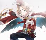  altoclub blonde_hair capelet crying feathers fur_trim gloves granblue_fantasy green_eyes grey_background harvin hat male_focus petals simple_background solo sword vermeil weapon 
