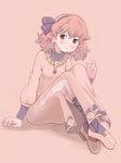  blush curly_hair dress fire_emblem fire_emblem_echoes:_mou_hitori_no_eiyuuou fire_emblem_heroes hairband highres jenny_(fire_emblem) jewelry mikoko1 necklace open_mouth orange_eyes pink_background pink_hair simple_background sitting solo 