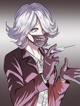  1girl bangs buttons danganronpa danganronpa_3 eyebrows flipped_hair jacket kimura_seiko mask medical_mask one_eye_covered purple_eyes shirt side_bangs silver_hair solo surgical_mask syringe white_shirt 