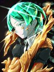  androgynous crack determined frown gem_uniform_(houseki_no_kuni) gold golden_arms green_eyes green_hair highres houseki_no_kuni necktie phosphophyllite short_hair solo spoilers tei-o uniform 