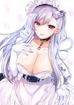  apron azur_lane belfast_(azur_lane) blue_eyes breasts chain cleavage collar elbow_gloves gloves gokugetsu_momo highres large_breasts long_hair looking_at_viewer maid maid_apron maid_headdress open_mouth silver_hair solo white_gloves 
