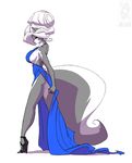  2018 anthro big_breasts black_fur blue_eyes breasts butt_pose chloe_sinclaire clothed clothing conditional_dnp dress female footwear fur hair high_heels jollyjack mammal shoes side_boob skunk solo white_fur white_hair 