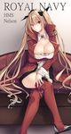  azur_lane blonde_hair boots breasts character_name cleavage coat commentary_request couch english epaulettes highres karakura large_breasts long_hair long_sleeves nelson_(azur_lane) red_eyes red_neckwear sitting solo thigh_boots thighhighs twintails very_long_hair 