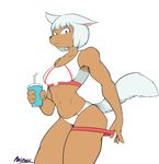  2018 4_fingers anthro beverage bra breasts brown_fur canine cleavage clothed clothing digital_media_(artwork) female fur green_eyes hair legband looking_at_viewer looking_down mammal minoss navel panties pose short_hair simple_background solo sports_bra standing underwear white_background white_hair white_tail wolf 