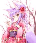  animal_ears bangs blush brown_eyes cherry_blossoms closed_mouth commentary_request eyebrows_visible_through_hair fingernails flower fox_ears fox_girl fox_shadow_puppet fox_tail hair_between_eyes hair_flower hair_ornament hand_on_own_chest japanese_clothes kimono long_hair long_sleeves looking_at_viewer obi original pink_kimono ponytail purple_hair sash smile standing tail tateha_(marvelous_grace) upper_body wide_sleeves 