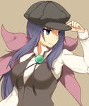  aoguu breasts brown_background closed_mouth commentary hand_on_headwear hat headwear large_breasts long_hair long_sleeves looking_to_the_side mori_ranmaru_(sengoku_collection) multicolored_neckwear purple_eyes purple_hair sengoku_collection shadow shirt simple_background solo white_shirt 
