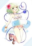  :d absurdres alternate_costume bikini blush bracelet breasts commentary_request eyeball frilled_bikini frills front-tie_bikini front-tie_top full_body green_eyes green_hair heart heart_of_string highres honotai innertube jewelry komeiji_koishi looking_at_viewer open_mouth sandals scan side-tie_bikini simple_background small_breasts smile solo swimsuit third_eye touhou white_bikini 
