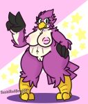  2019 anthro avian beak big_breasts bird breasts coo_(kirby) digital_media_(artwork) feathered_wings feathers female kirby_(series) nintendo nipples non-mammal_breasts nude owl pussy simple_background smile solo sushirolldragon thick_thighs v_sign video_games voluptuous wide_hips wings 