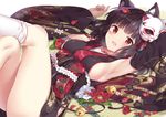  animal_ears arm_up armpits ass azur_lane bangs bare_legs bare_shoulders bell black_hair black_kimono blunt_bangs blush breasts cat_ears cat_mask detached_sleeves eyebrows_visible_through_hair fang flower japanese_clothes jingle_bell kazunari_(kazyar) kimono kneehighs large_breasts legs_up long_sleeves looking_at_viewer mask mask_on_head on_floor petals red_eyes red_flower short_hair short_kimono sideboob solo tareme tatami thighs white_flower white_legwear wide_sleeves yamashiro_(azur_lane) 