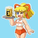  1girl alcohol android bangs belly blonde_hair blue_eyes blunt_bangs bow eyebrows green_bow green_ribbon hair_bow hooters long_hair midriff no_humans one_eye_closed open_mouth ponytail ribbon robot rockman rockman_(classic) roll shorts simple_background solo tied_hair wink 