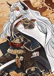  armor blue_eyes cape draph gloves granblue_fantasy horns long_hair makeup male_focus murahachi okto solo sword weapon white_hair 