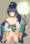  :o aqua_eyes bangs black_hair blush bottomless bow breasts dandelion detached_sleeves eyebrows_visible_through_hair flower hair_bow highres leaf long_hair long_sleeves looking_at_viewer medium_breasts nipples obi onmyoji plant pom_pom_(clothes) pussy sash single_thighhigh solo sr_(soulo_o) thighhighs uncensored unfinished vines wide_sleeves ying_grass 