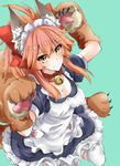  animal_ears apron bell bell_collar breasts cat_paws cleavage collar commentary_request fangs fate/grand_order fate_(series) fox_ears fox_tail gloves green_background hair_ribbon highres jingle_bell large_breasts long_hair looking_at_viewer maid_headdress musupon214 paw_gloves paw_shoes paws pink_hair red_ribbon ribbon shoes simple_background solo tail tamamo_(fate)_(all) tamamo_cat_(fate) yellow_eyes 