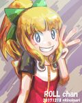  1girl android bangs blonde_hair blue_eyes blunt_bangs bow dress eyebrows green_bow green_ribbon hair_bow hood hooded_dress kinoimari long_hair no_humans ponytail ribbon robot rockman rockman_11 roll smile solo tied_hair 