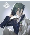  alternate_hair_length alternate_hairstyle bishounen cape commentary_request emerald flower_knot gem gloves gold_trim green_eyes green_hair hair_over_one_eye male_focus nikkari_aoe solo tassel touken_ranbu tuke_omio uniform 