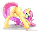  2018 absurd_res anus butt dock dripping equine female feral fluttershy_(mlp) friendship_is_magic hair hi_res hooves koveliana long_hair looking_back mammal my_little_pony patreon pink_hair pussy pussy_juice simple_background solo teal_eyes white_background 