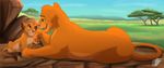  albinoraven666fanart brown_eyes cloud countershading detailed_background disney duo eye_contact feline female feral fur green_eyes happy lion listening love lying male mammal open_mouth orange_countershading orange_fur outside pawpads relaxing rock savanna side_view simba sitting sky smile tan_countershading the_lion_king tree 