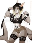  2018 abs anthro black_hair blacktip_shark breasts cleavage clothed clothing crop_top female fish flexing hair laguna_silverjaw looking_at_viewer marine midriff muscular muscular_female navel shark shirt shorts simple_background smile solo tattoo tribal_tattoo vexstacy yellow_eyes 