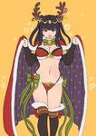  bikini black_footwear black_hair black_legwear body_blush boots breasts christmas fire_emblem fire_emblem:_kakusei fire_emblem_heroes highres knee_boots long_hair looking_at_viewer medium_breasts navel samanator_club santa_costume simple_background smile solo swimsuit tharja thighhighs thighhighs_under_boots two_side_up 