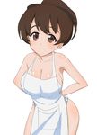  apron arms_behind_back blush breasts brown_eyes brown_hair cleavage collarbone denkaisui girls_und_panzer koyama_yuzu large_breasts looking_at_viewer naked_apron ponytail simple_background smile solo thighs white_apron white_background 