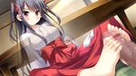  1girl barefoot blush feet footjob highres long_hair miko red_eyes socks_removed tabi table toes twintails 