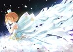  antenna_hair bangs bare_shoulders brown_hair cardcaptor_sakura closed_eyes closed_mouth crown dress eyebrows_visible_through_hair from_side gloves hands_up highres kinomoto_sakura minikon own_hands_together petals solo white_dress white_gloves 
