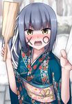  angry commentary_request floral_print flower_knot grey_hair hagoita hair_ribbon highres japanese_clothes kantai_collection kasumi_(kantai_collection) kimono long_hair long_sleeves new_year obi open_mouth paddle ribbon sash side_ponytail tassel tears tiemu_(man190) wide_sleeves yellow_eyes 