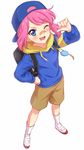  ;d aikatsu!_(series) aikatsu_stars! backpack backwards_hat bag bandaid bandaid_on_nose baseball_cap blue_eyes blush brown_shorts commentary_request crime_prevention_buzzer eyebrows_visible_through_hair full_body hand_on_hip hand_up hat highres hood hood_down hoodie looking_at_viewer one_eye_closed open_mouth pink_hair pointing pointing_at_self sakuraba_rola sekina shoes short_hair shorts simple_background smile socks solo uwabaki v-shaped_eyebrows white_background white_legwear 