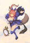 animal_ear_fluff animal_ears black_footwear blue_legwear breasts cleavage closed_mouth commentary dress fate/extra fate_(series) full_body highres large_breasts looking_at_viewer multicolored multicolored_background multicolored_clothes multicolored_dress over-kneehighs platform_footwear red_hair shield short_hair simple_background solo standing standing_on_one_leg tamamo_(fate)_(all) tamamo_no_mae_(fate) thighhighs tim_loechner yellow_eyes 