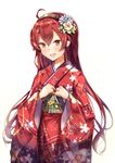  :d ahoge commentary eris_greyrat floral_print flower hair_between_eyes hair_flower hair_ornament hairband japanese_clothes kimono long_hair mushoku_tensei nakatokung obi open_mouth print_kimono red_eyes red_hair red_kimono sash simple_background smile solo very_long_hair white_background wide_sleeves 