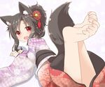  alternate_costume alternate_hairstyle animal_ears barefoot brown_hair fang feet_up floral_print flower hair_flower hair_ornament hair_up imaizumi_kagerou japanese_clothes kimono long_hair long_sleeves looking_back lying natsu_no_koucha on_stomach open_mouth red_eyes simple_background smile solo tail tassel toe_scrunch touhou white_background wide_sleeves wolf_ears wolf_tail younger 